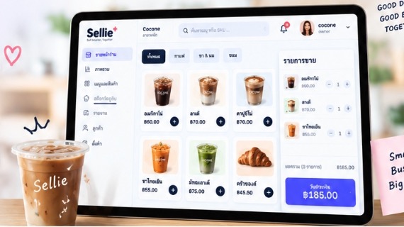 Sellie POS Tablet Screen with Cocone Cafe and Sellie Iced Drink